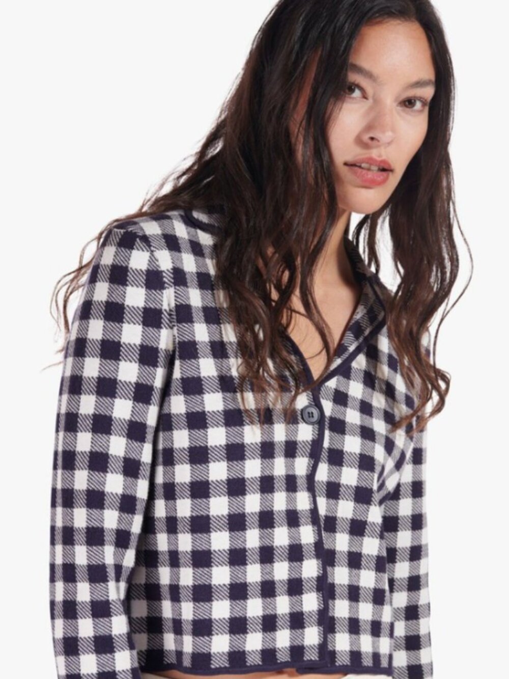 Staud Juliette Top Sweater Blazer Navy Gingham Career Preppy Classic Sz Small